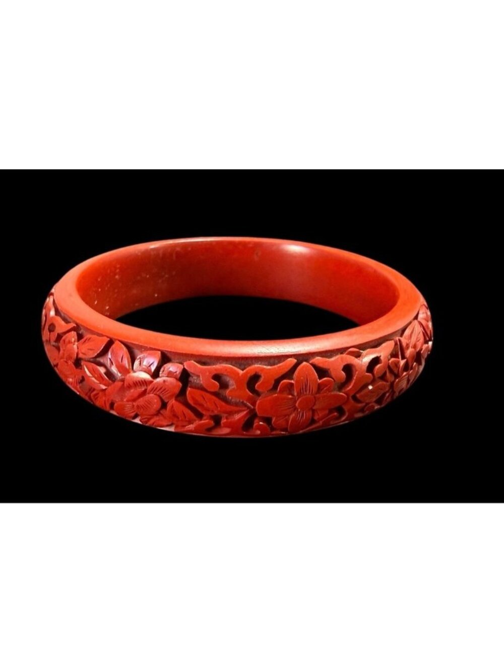 Vintage Cinnabar Bangle Bracelet Carved Red Floral Lacquer Slip On 7.75"